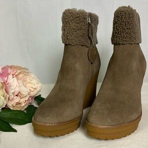 Lauren Ralph Lauren Steph Taupe Side Zip Shearling Cuff Suede Wedge Booties